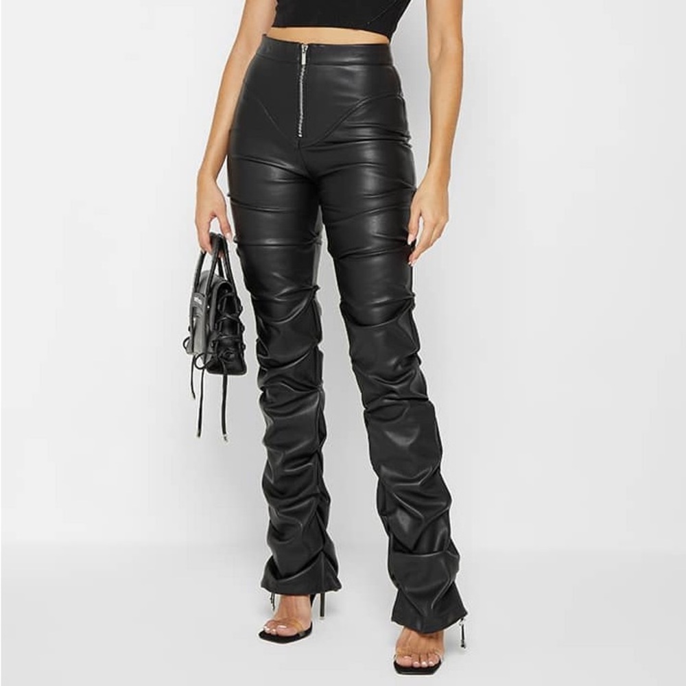 Maniere de Voir Black Tacked Side Vegan Leather Trousers
